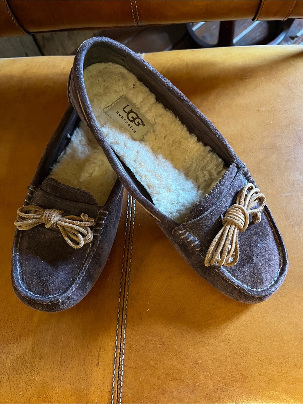 UGG Brown Suede Driving Moccasins with Tan Rubber Soles